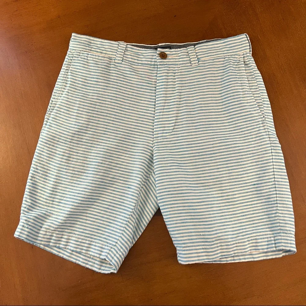 J.‎ Crew Striped 9” Inseam Stanton Shorts Linen Aqua Blue 30 Flat Front Beach